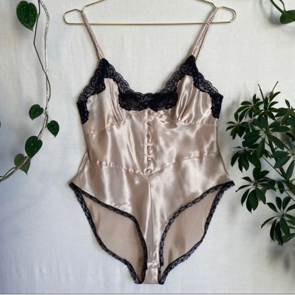 Vintage Satin Lace Chemise Bodysuit in Champagne and Black